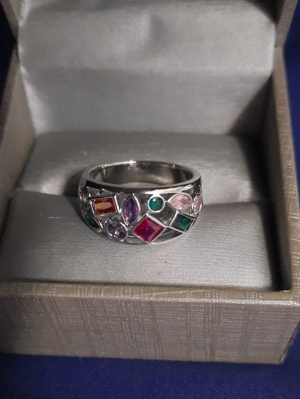 Multi-Gemstone Silver Band Ring - Colorful Mosaic Design Size 9